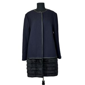 Ann Taylor Wool Coat Faux Fur Faux Leather Tiered Navy Blue Black XL